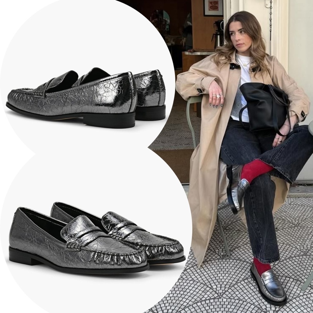 Michael Kors Gray Metallic Patent Leather Penny Loafers flats Slip On Shoes 6.5
